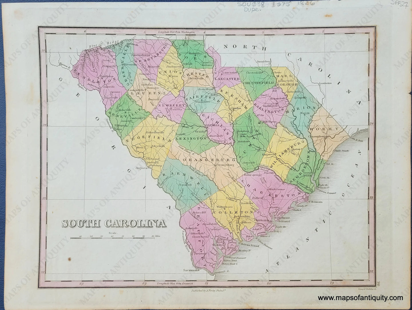 Antique-Hand-Colored-Map-South-Carolina-United-States-South-1826-Anthony-Finley-Maps-Of-Antiquity