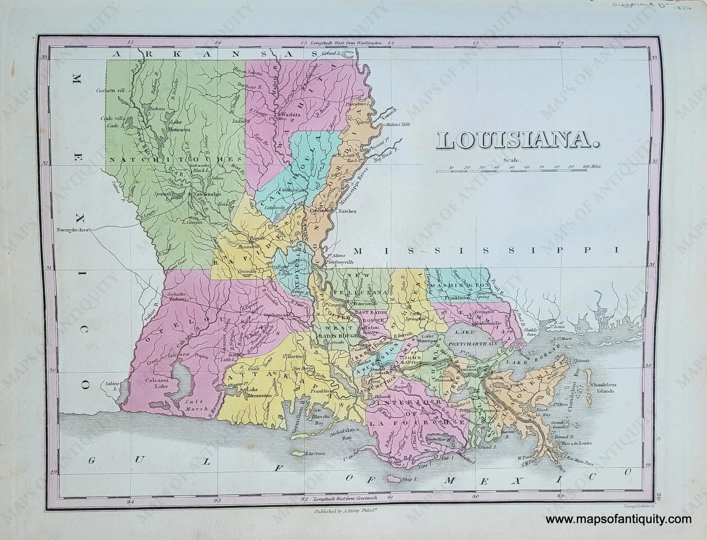 Antique-Hand-Colored-Map-Louisiana.-United-States-South-1824-Anthony-Finley-Maps-Of-Antiquity