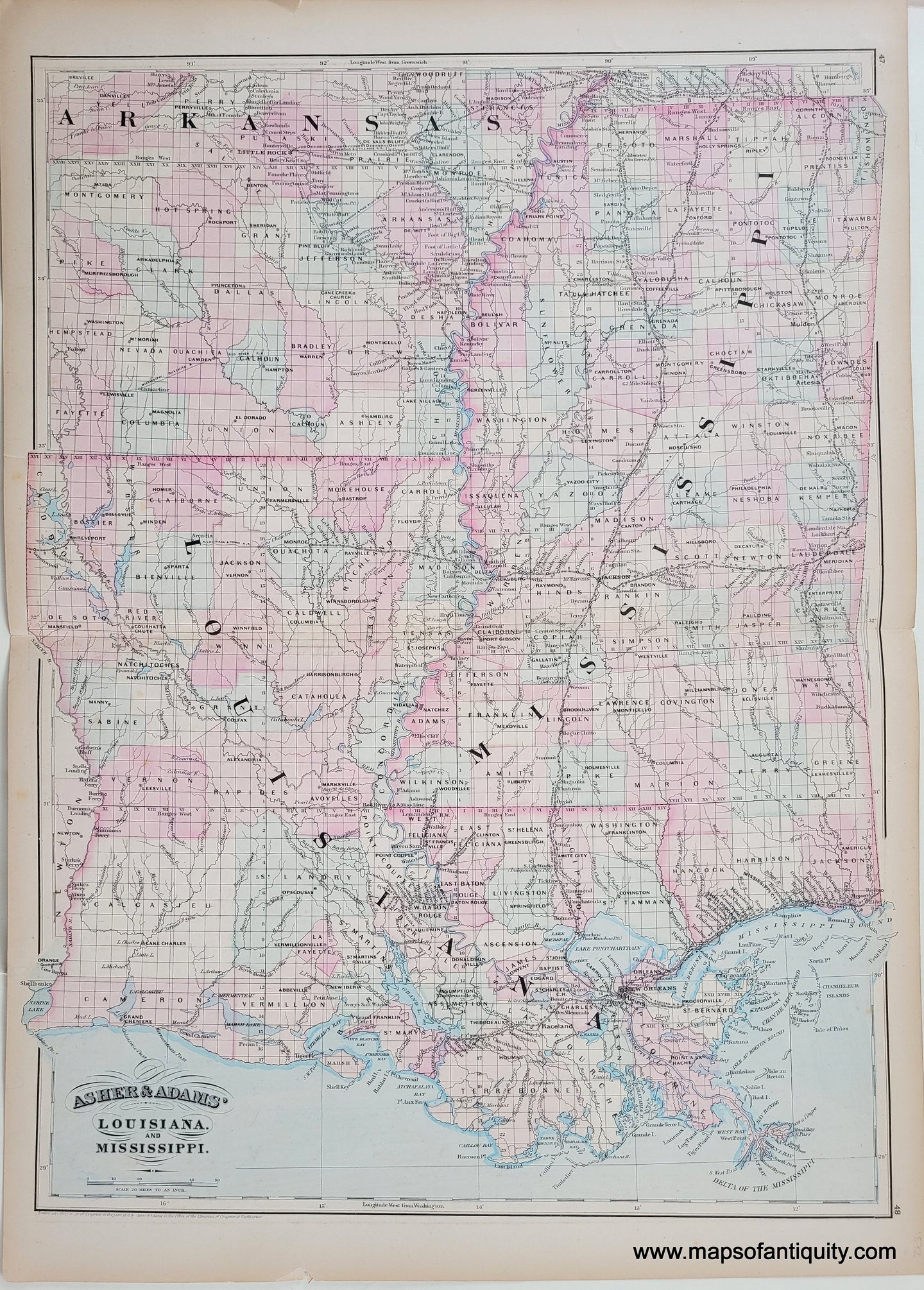 1872 - Louisiana and Mississippi. - Antique Map
