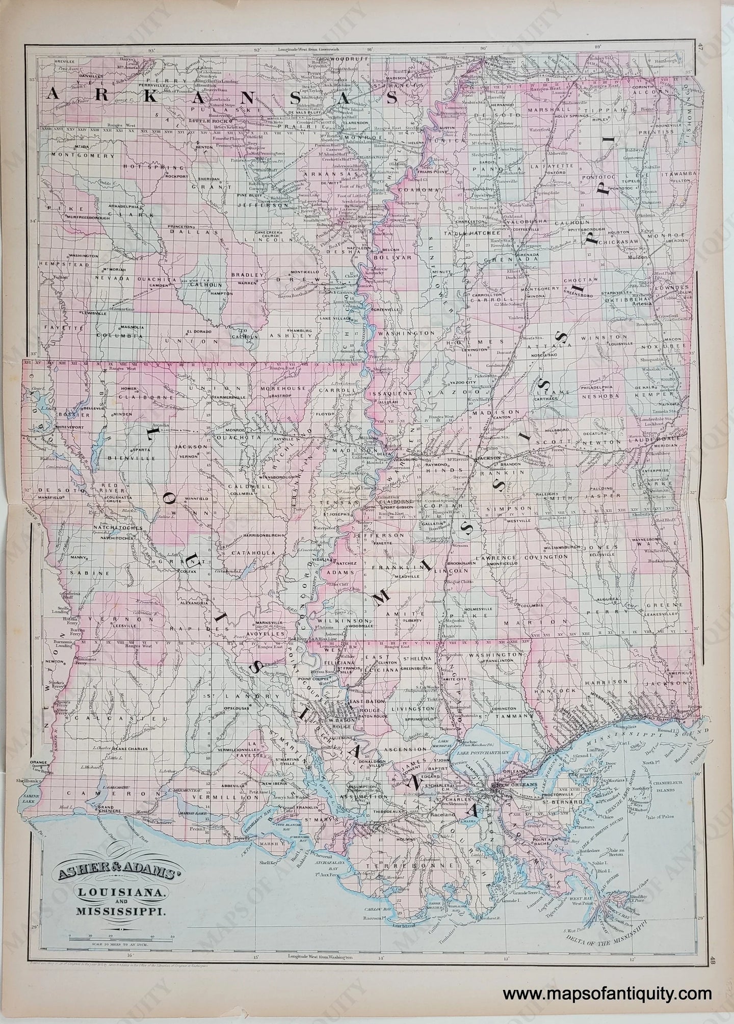 1872 - Louisiana And Mississippi. Antique Map Genuine Hand-Colored