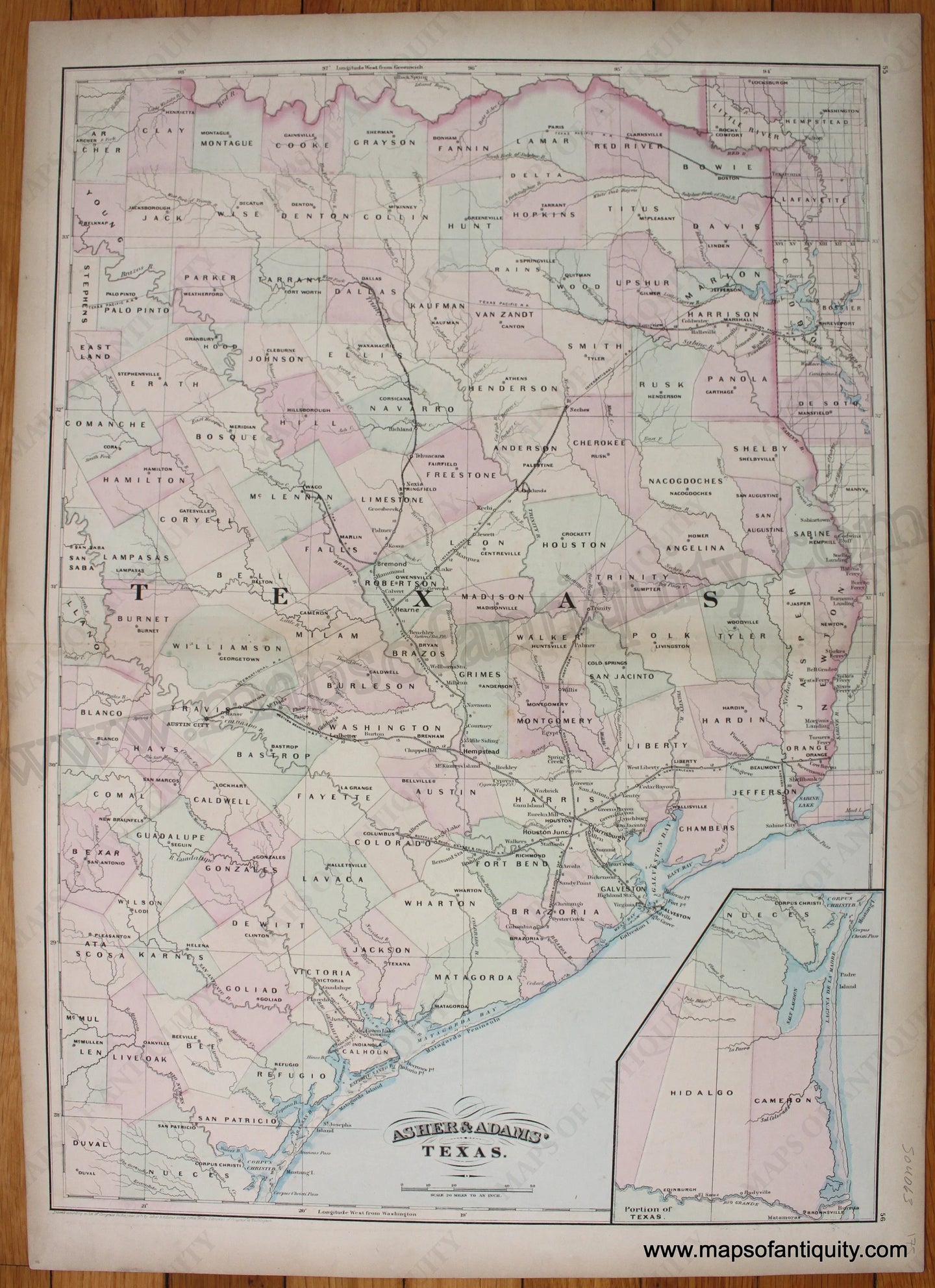 Antique-Map-Eastern-East-Texas-Asher-&-Adams'-and-Adams-1872-1870s-1800s-Mid-Late-19th-Century-Maps-of-Antiquity