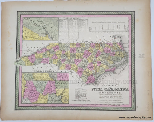 Antique Map with original hand-coloring in tones of green, yellow, peach, and pink. Antique-A-New-Map-of-Nth.-Carolina-with-its-Canals-Roads-&-Distances-from-Place-to-Place-Along-The-Stage-and-Steam-Boat-Routes-North-Carolina-Mitchell-1849-1840s-1800s-Early-Mid-19th-Century-Maps-of-Antiquity