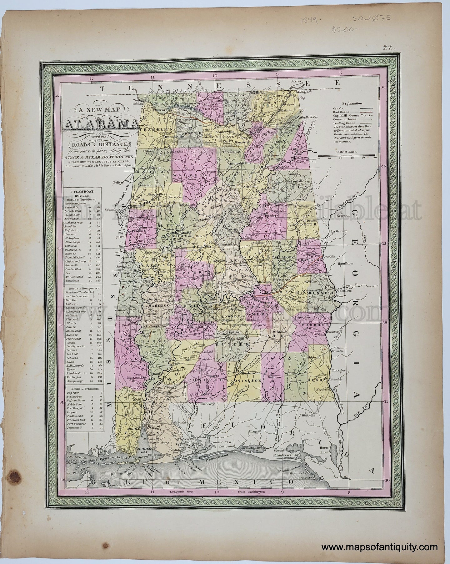 Antique Map with original hand-coloring in tones of green, yellow, peach, and pink.
Antique-Hand-Colored-Map-A-New-Map-of-Alabama-with-it-Roads-&-Distances-from-place-to-place-along-the-Stage-&-Steam-Boat-Routes--United-States-South-1849-Mitchell-Maps-Of-Antiquity