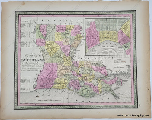 Antique Map with original hand-coloring in tones of green, yellow, peach, and pink. 
Antique-Hand-Colored-Map-A-New-Map-of-Louisiana-with-its-Canals-Roads-&-Distances-from-place-to-place-along-the-Stage-&-Steam-Boat-Routes-United-States-South-1849-Mitchell-Maps-Of-Antiquity