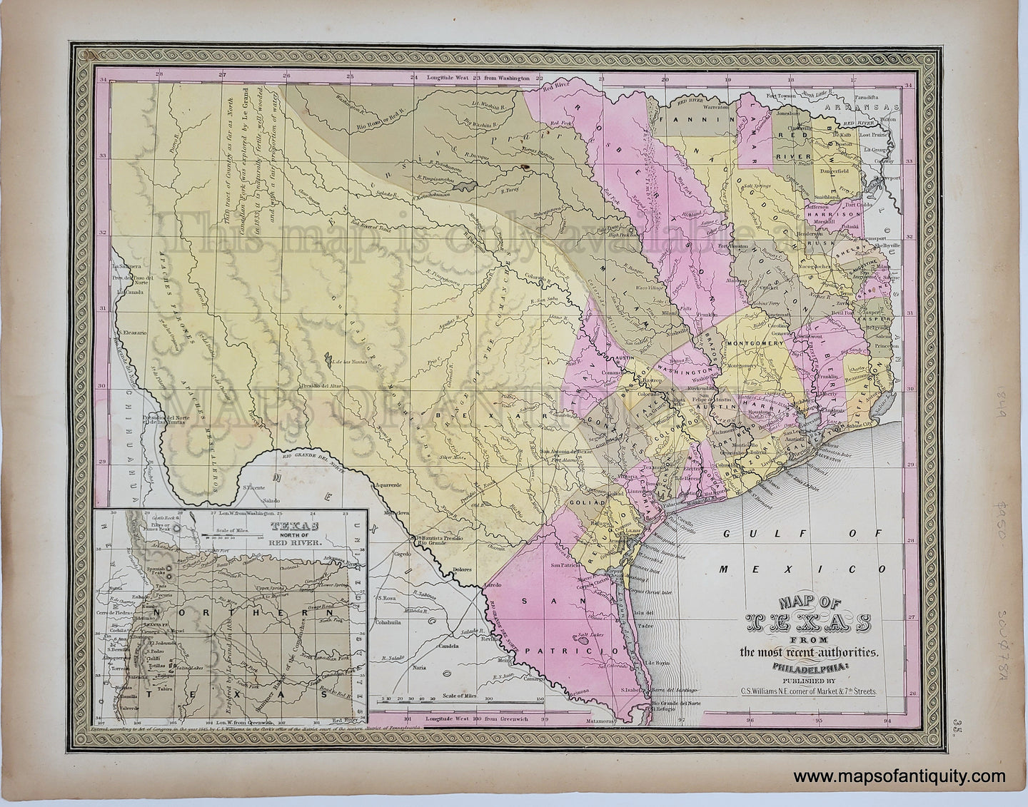 Antique Map with original hand-coloring in tones of green, yellow, and pink. -Map-of-the-State-of-Texas-from-the-latest-Authorities-United-States-1849-Mitchell-Maps-Of-Antiquity