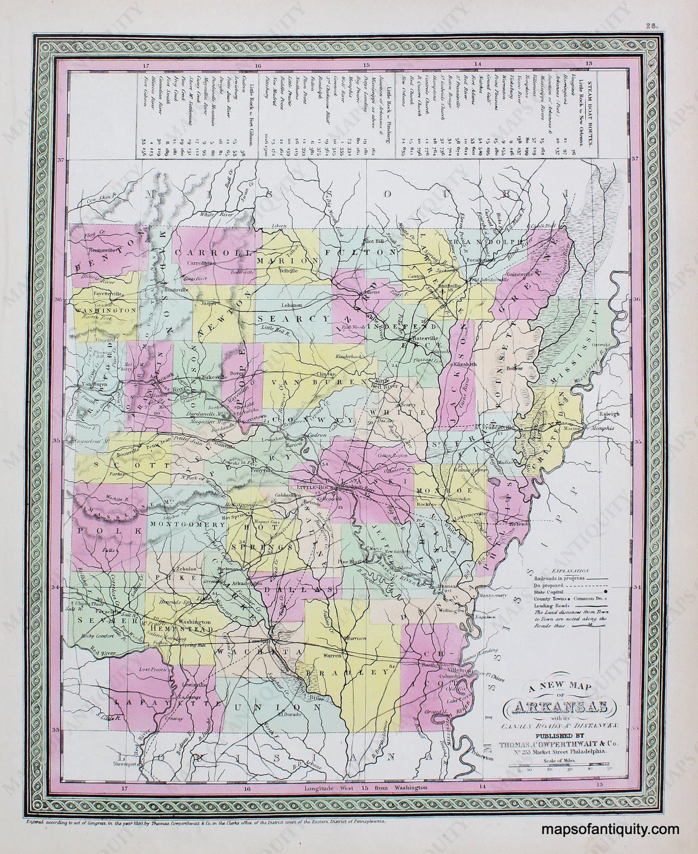 Antique-Hand-Colored-Map-A-New-Map-of-Arkansas-with-its-Canals-Roads-&-Distances.-United-States-South-1850-Mitchell/Cowperthwait-Desilver-&-Butler-Maps-Of-Antiquity