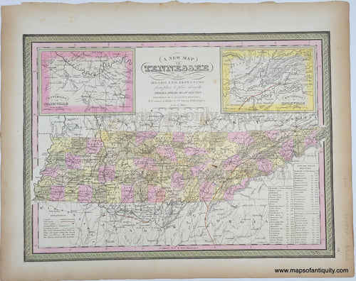 Antique Map with original hand-coloring in tones of green, yellow, peach, and pink.  Antique-Hand-Colored-Map-A-New-Map-of-Tennessee-United-States-South-1849-Mitchell-Maps-Of-Antiquity