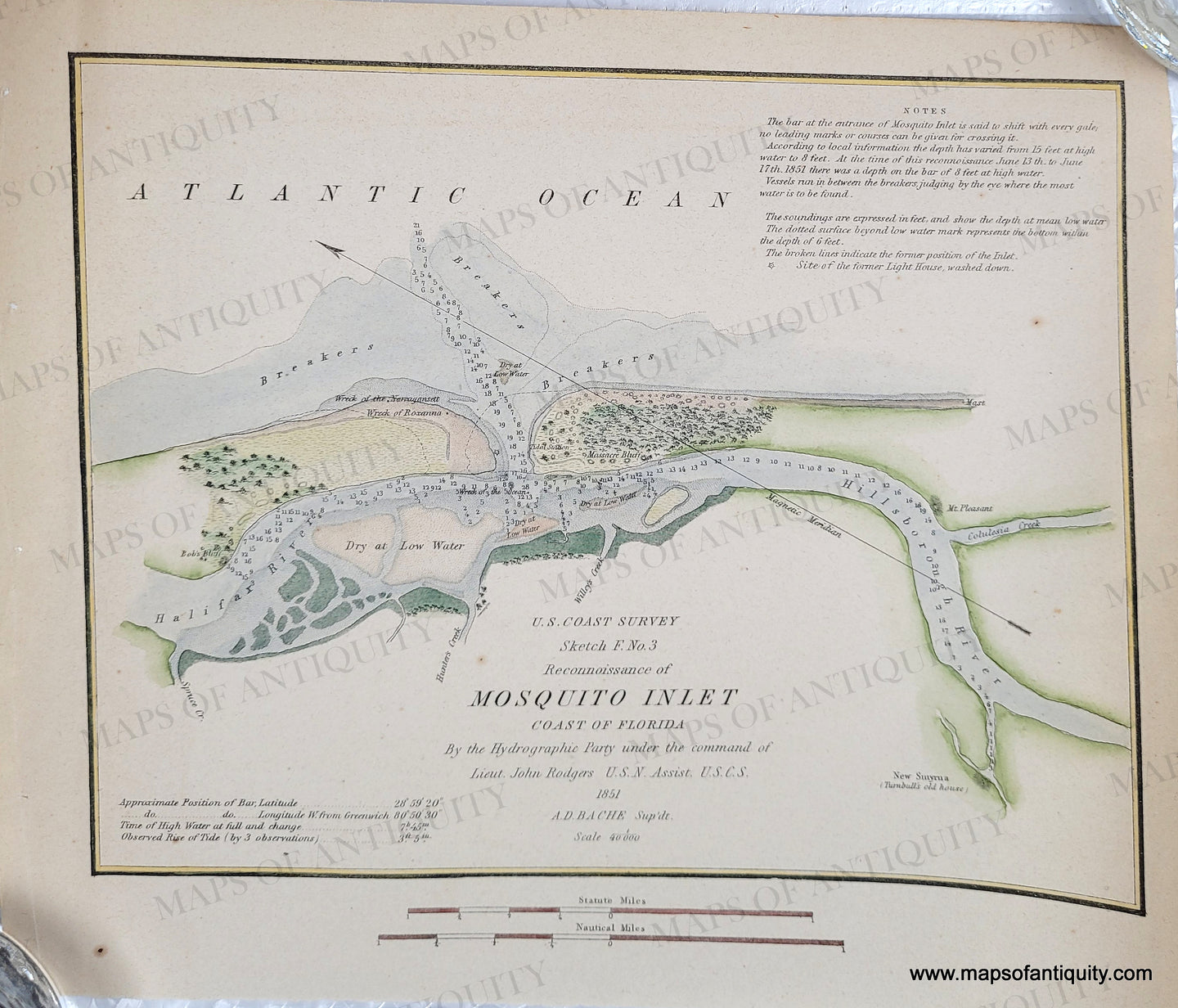 Hand-Colored-Antique-Harbor-Chart-Reconnaissance-of-Mosquito-Inlet-Coast-of-Florida**********-United-States-South-1851-U.S.-Coast-Survey-Maps-Of-Antiquity