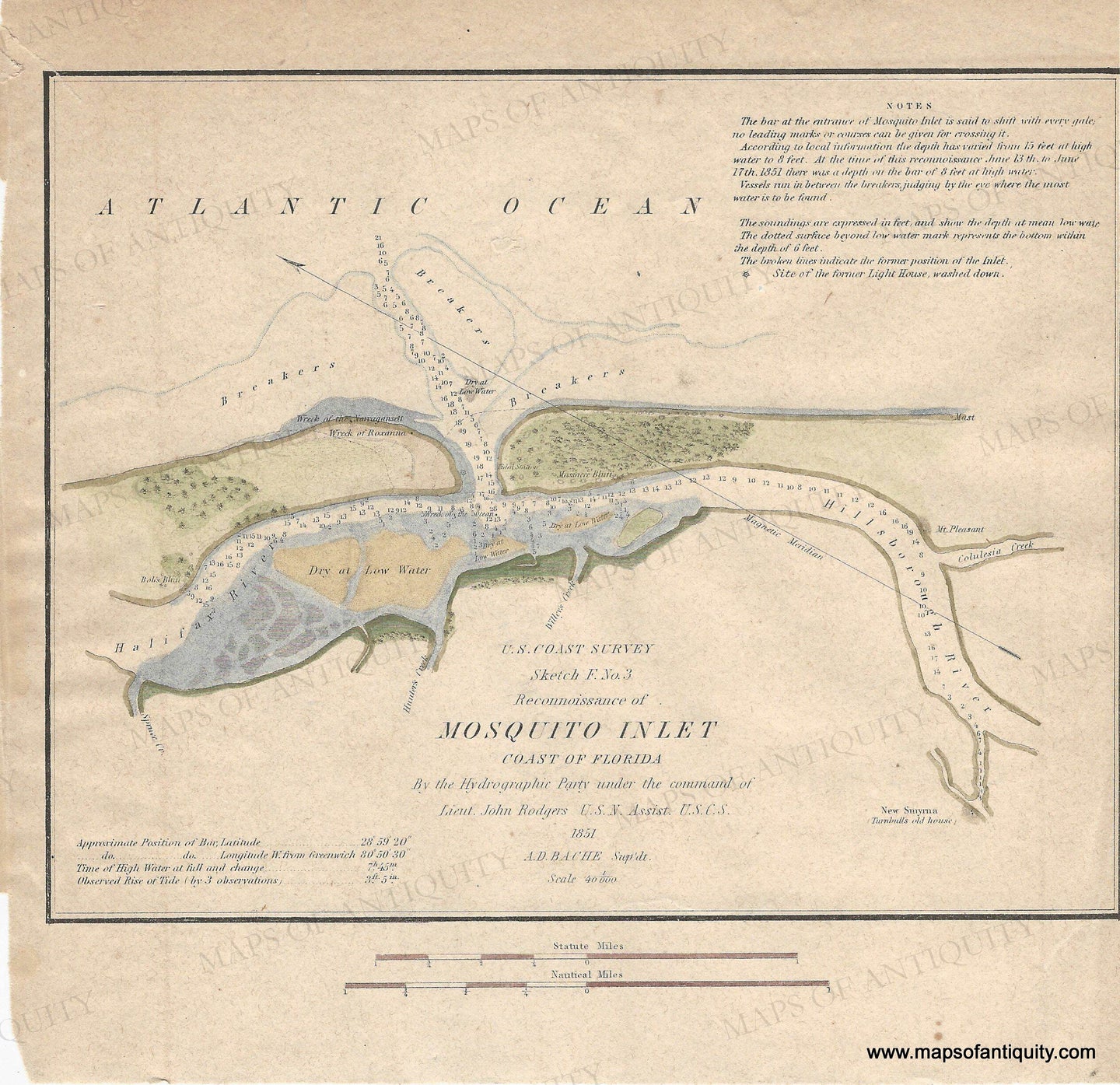 Old Map Inlet 1851 - Reconnaissance of Mosquito Inlet, Coast of Florida - Antique Ch ...