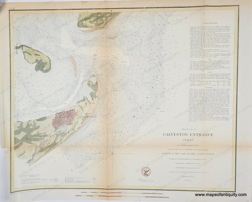 Antique map with hand-coloring in tones of brown, green, blue for water, brick red for cities/buildings. Antique-Map-Galveston-Bay-Entrance-Texas-United-States-Coast-Survey-Coastal-Chart-1853-1850s-1800s-Mid-19th-Century-Maps-of-Antiquity