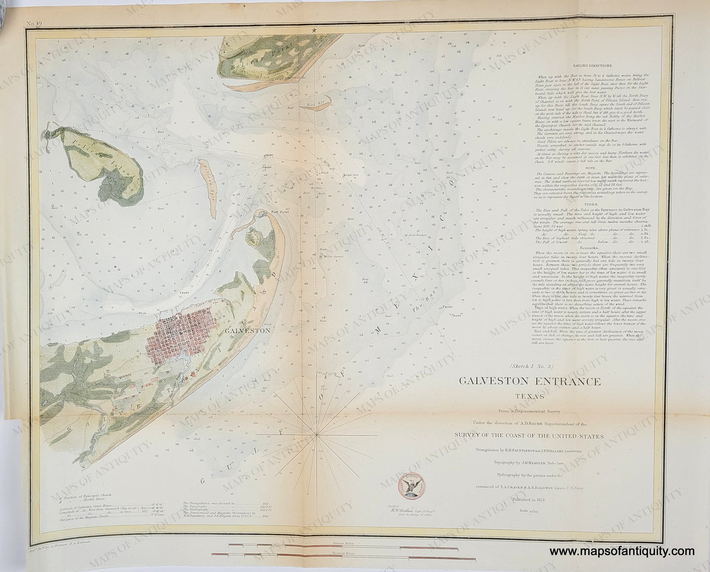 Antique map with hand-coloring in tones of brown, green, blue for water, brick red for cities/buildings. Antique-Map-Galveston-Bay-Entrance-Texas-United-States-Coast-Survey-Coastal-Chart-1853-1850s-1800s-Mid-19th-Century-Maps-of-Antiquity