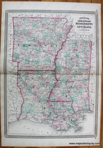 Antique-Hand-Colored-Map-Johnson's-Arkansas-Mississippi-and-Louisiana---1866-Johnson-Maps-Of-Antiquity