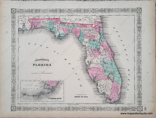 1863 - Johnson’s Florida Antique Map Genuine Hand-Colored