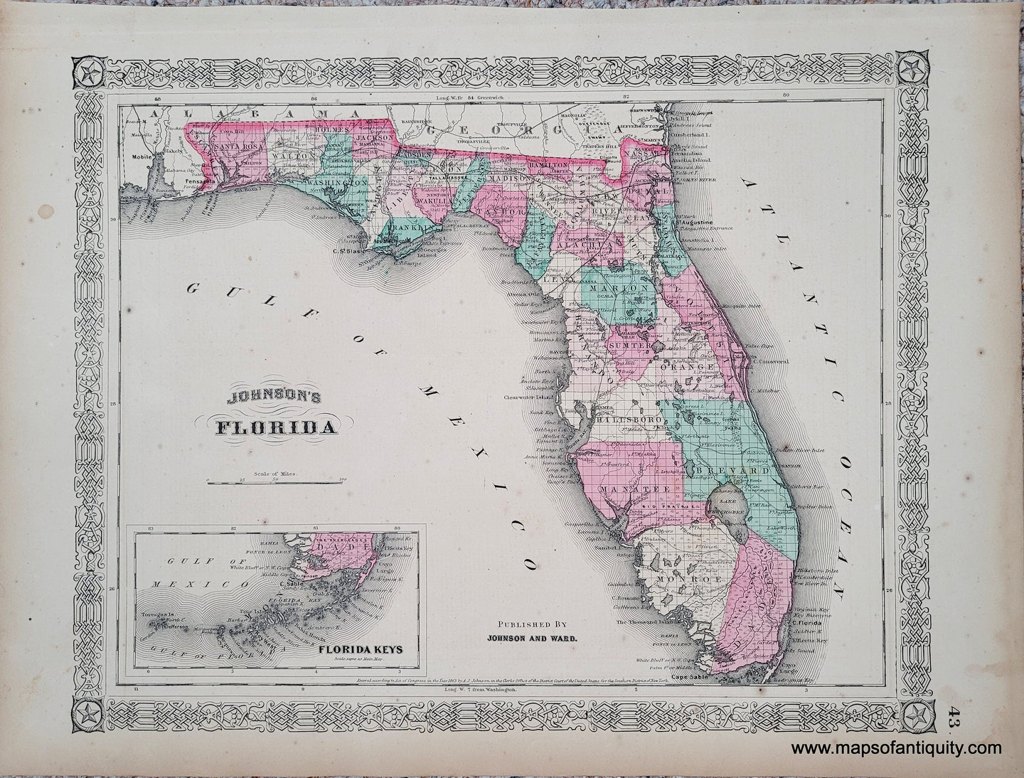 1863 - Johnson's Florida - Antique Map