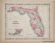 Old map of Florida with decorative border and color coding by county in tones of green, yellow, pink, and red-pink