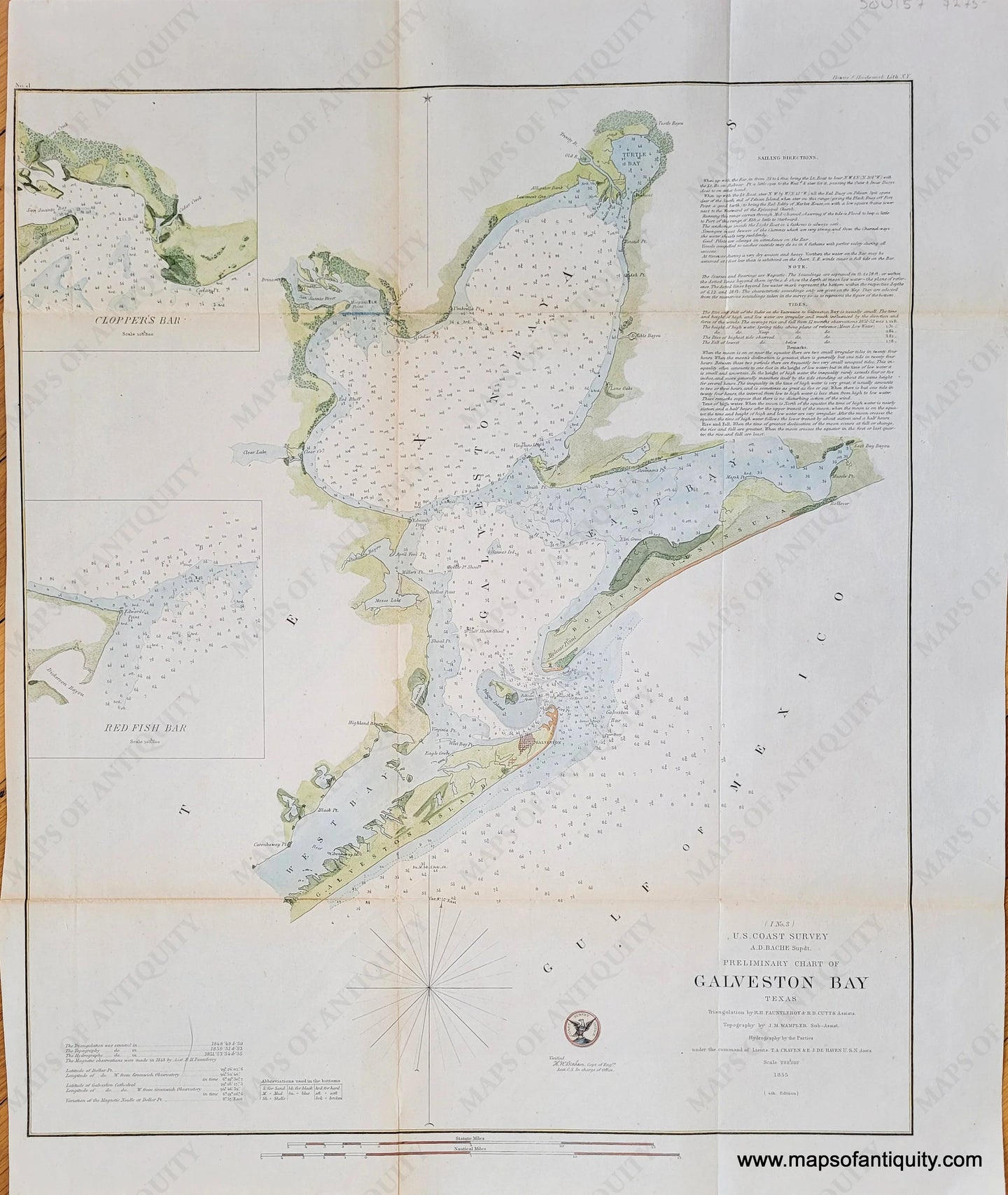 Hand-Colored-Antique-Coastal-Chart-Preliminary-Sketch-of-Galveston-Bay-nautical-sailing-South-Texas-1855-U.S.-Coast-Survey-Maps-Of-Antiquity