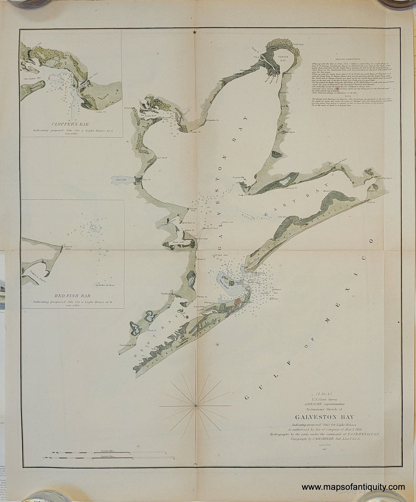 Antique-Coastal-Chart-Preliminary-Sketch-of-Galveston-Bay-TX-South-Texas-1851-U.S.-Coast-Survey-Maps-Of-Antiquity