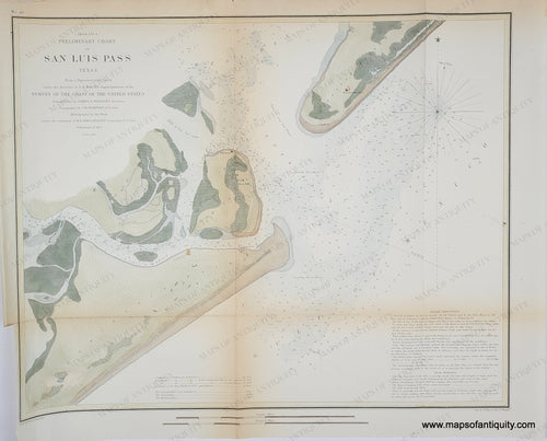 Antique map with hand-coloring in tones of brown, green, blue for water. Antique-Hand-Colored-Coast-Chart-Sailing-nautical-map-Preliminary-Chart-of-San-Luis-Pass-Texas--**********-United-States-Texas-1853-U.S.-Coast-Survey-Maps-Of-Antiquity