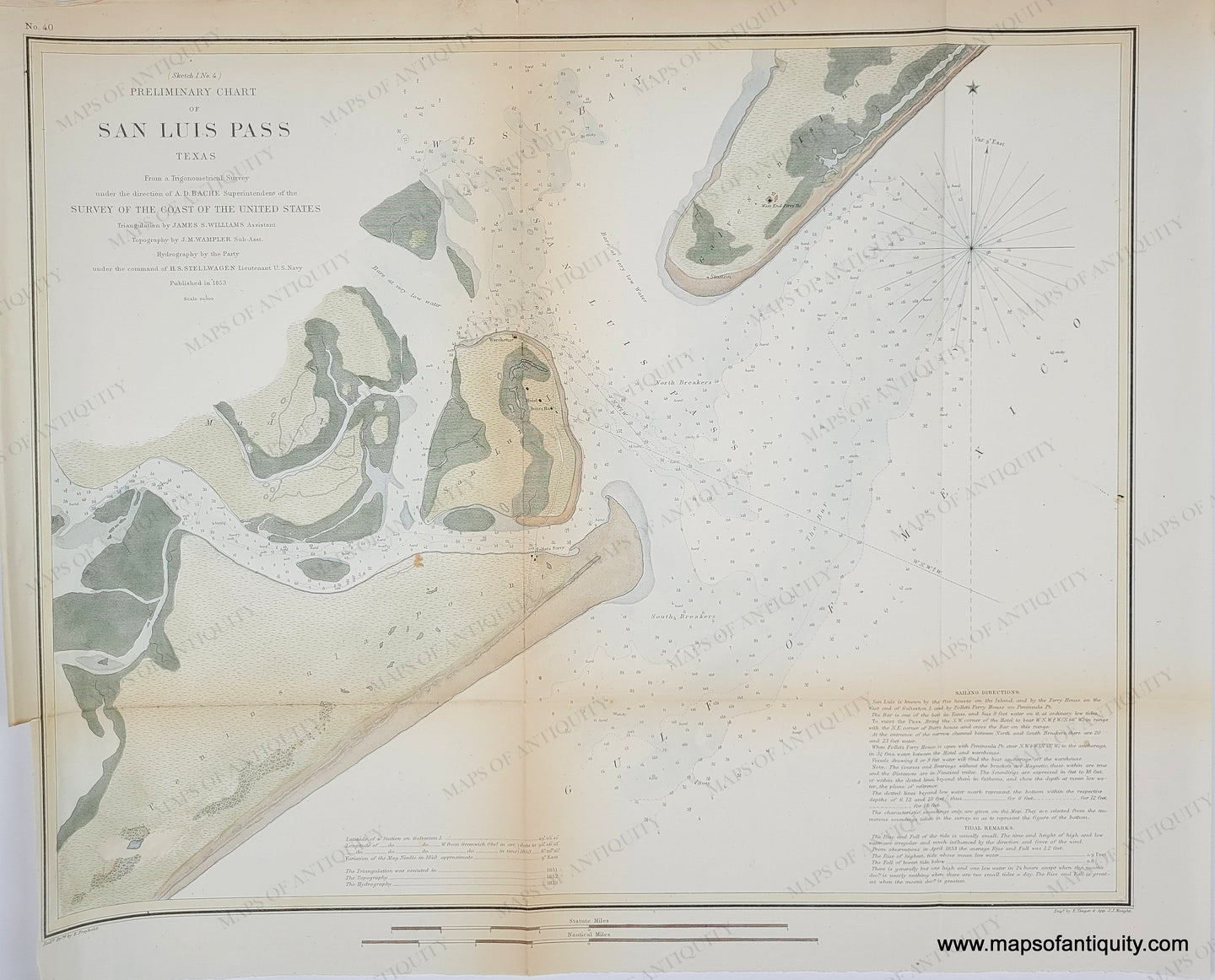 Antique map with hand-coloring in tones of brown, green, blue for water. Antique-Hand-Colored-Coast-Chart-Sailing-nautical-map-Preliminary-Chart-of-San-Luis-Pass-Texas--**********-United-States-Texas-1853-U.S.-Coast-Survey-Maps-Of-Antiquity