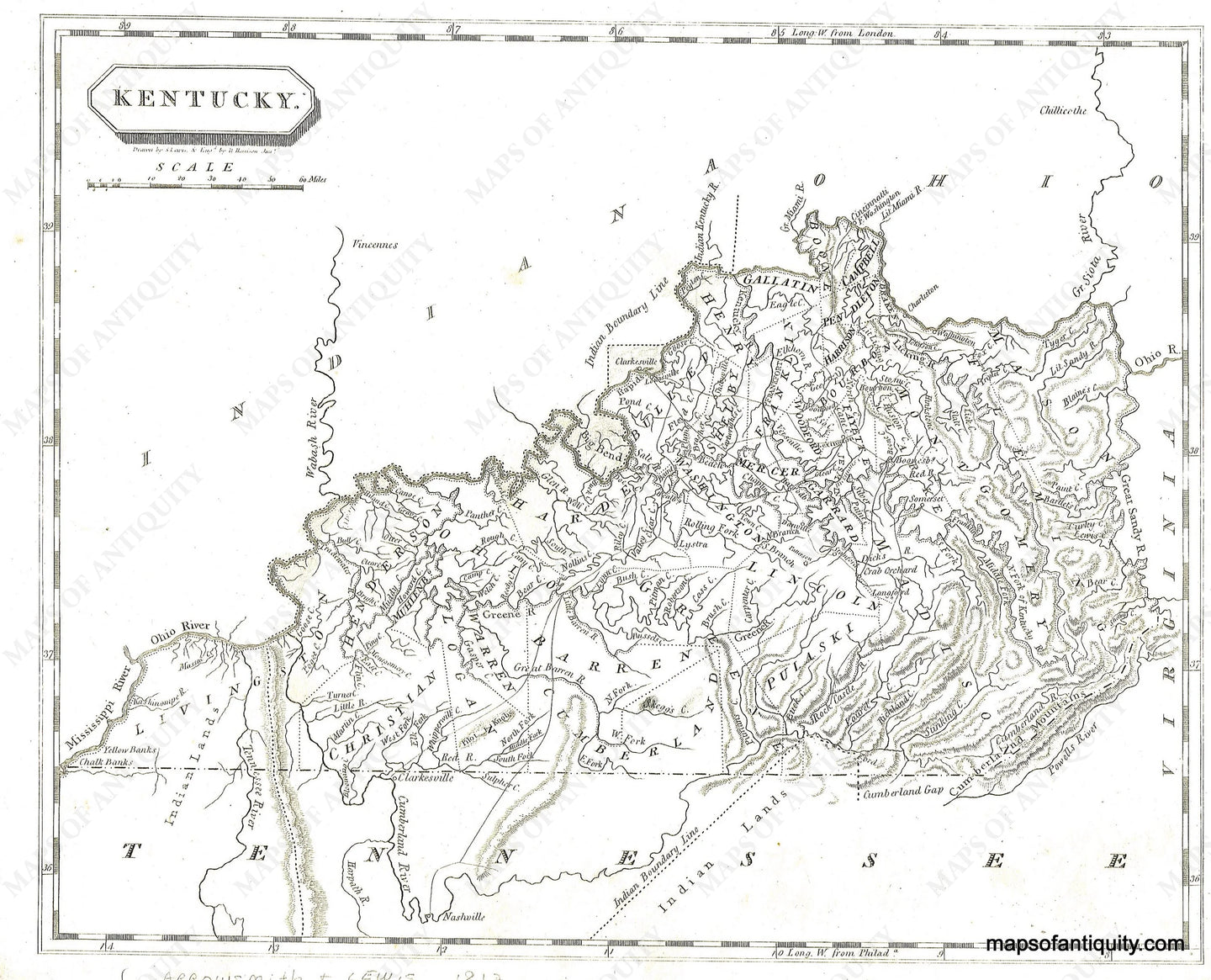 Black-and-White-Antique-Map-Kentucky.-United-States-Kentucky-1812-Arrowsmith/Lewis-Maps-Of-Antiquity