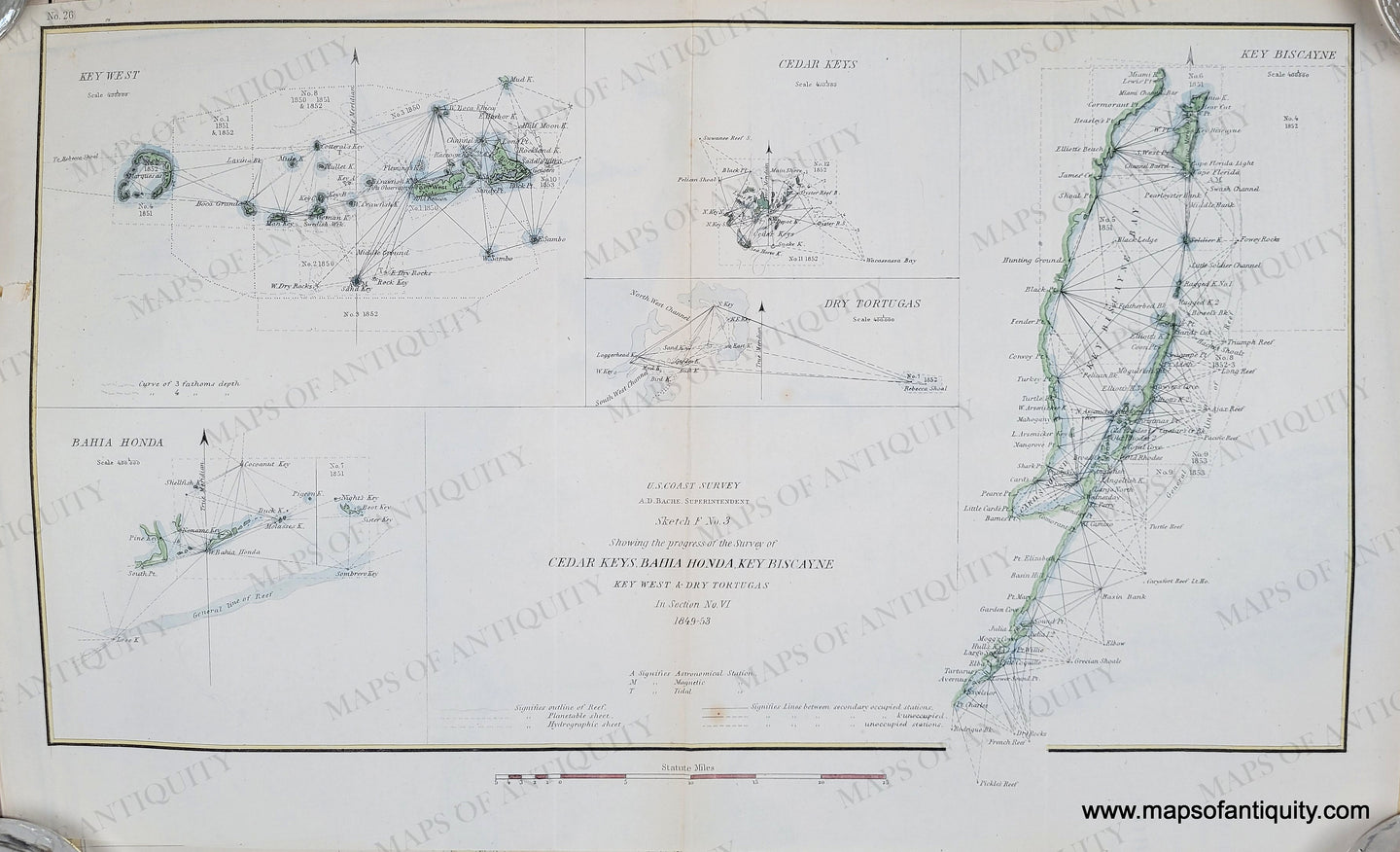 Antique-Hand-Colored-Map-Cedar-Keys-Bahia-Honda-Key-Biscayne-Key-West-&-Dry-Tortugas--United-States-Florida-1849-53-US-Coast-Survey-Maps-Of-Antiquity