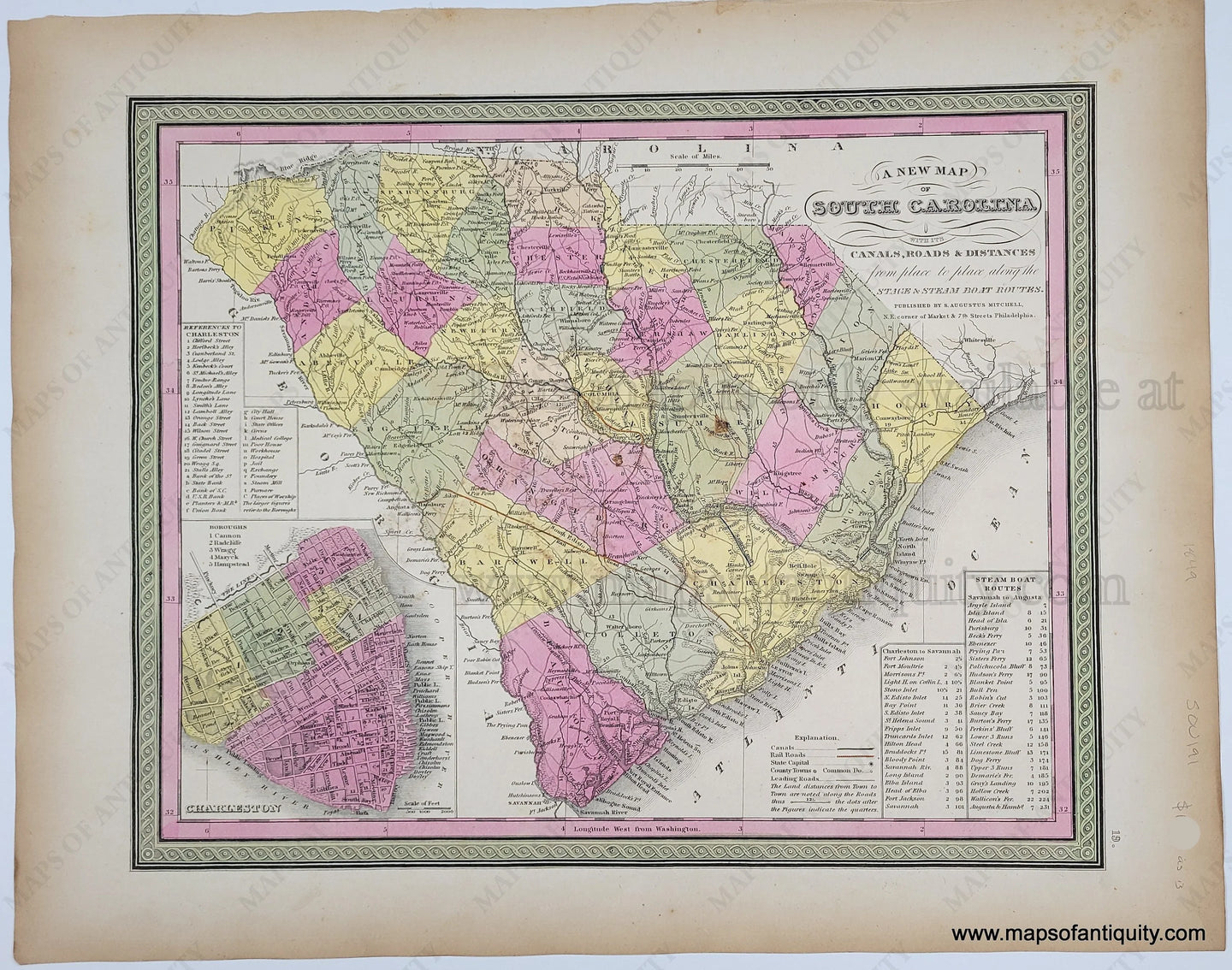 Antique Map with original hand-coloring in tones of green, yellow, peach, and pink. 
Antique-Hand-Colored-Map-A-New-Map-of-South-Carolina-with-its-Canals-Roads-&-Distances-from-place-to-place-along-the-Stage-&-Steam-Boat-Routes-United-States-South-1849-Mitchellr-Maps-Of-Antiquity