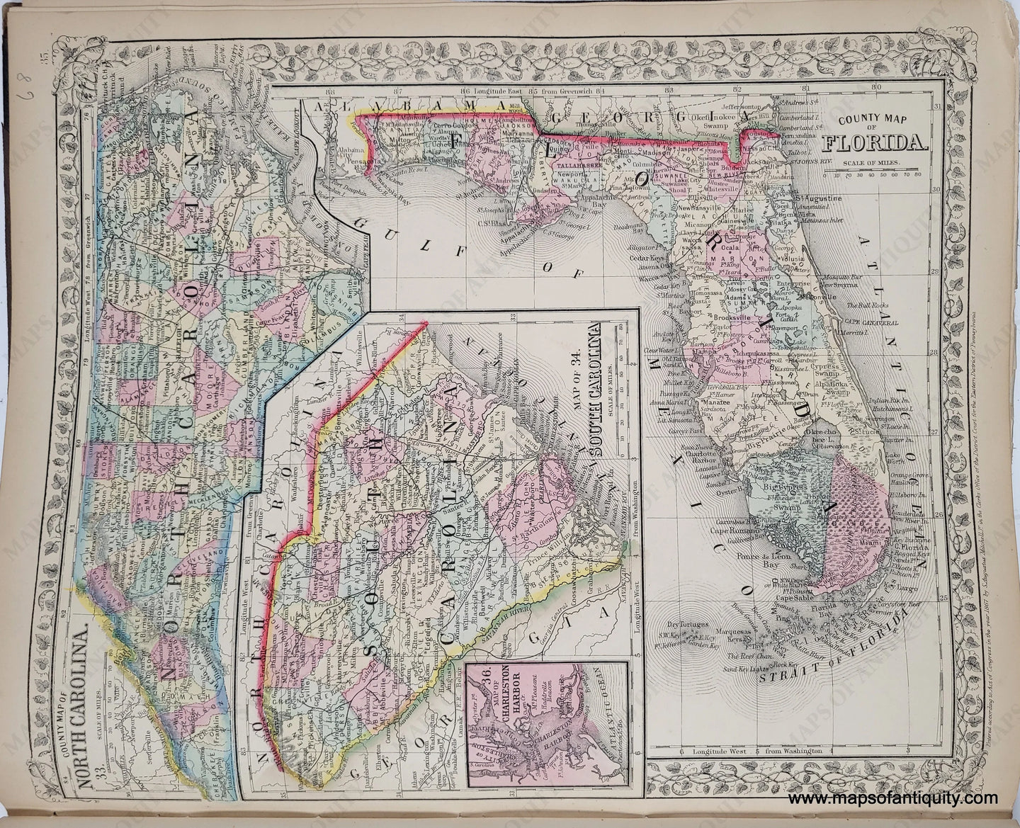 Antique hand-colored maps of Florida, North Carolina, and South Carolina, colored by county. The maps of the carolinas are perpendicular on the page to the map of Florida.