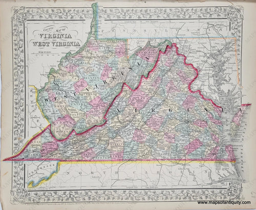 1868 - County Map Of Virginia And West Antique Genuine Hand-Colored