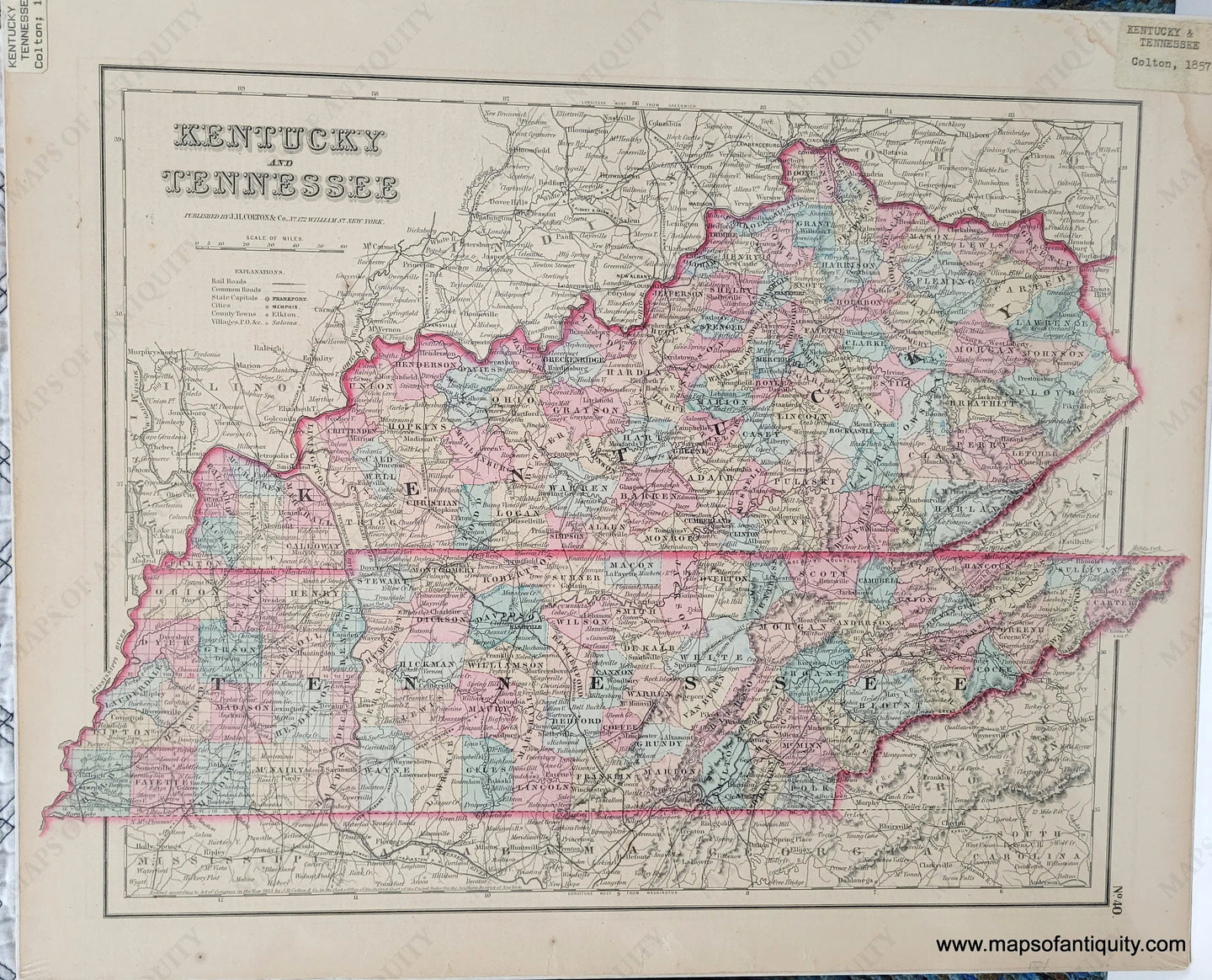 Antique map of Kentucky and Tennessee hand-colored by county in antique tones for pink, green, blue, yellow, and peach. Antique-Hand-Colored-Map-Coltons-Kentucky-and-Tennessee-1859-Colton-Maps-Of-Antiquity