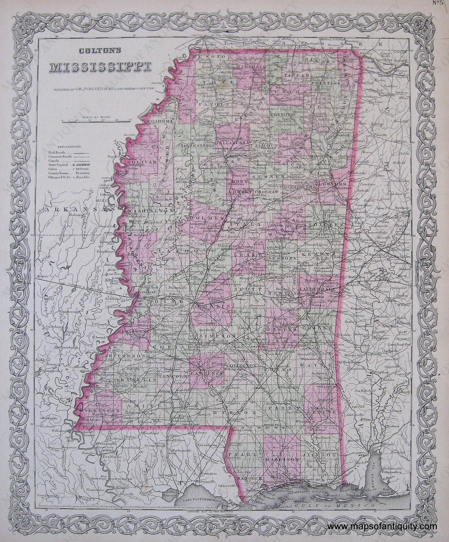 Antique-Hand-Colored-Map-Coltons-Mississippi-1874-Colton-Maps-Of-Antiquity