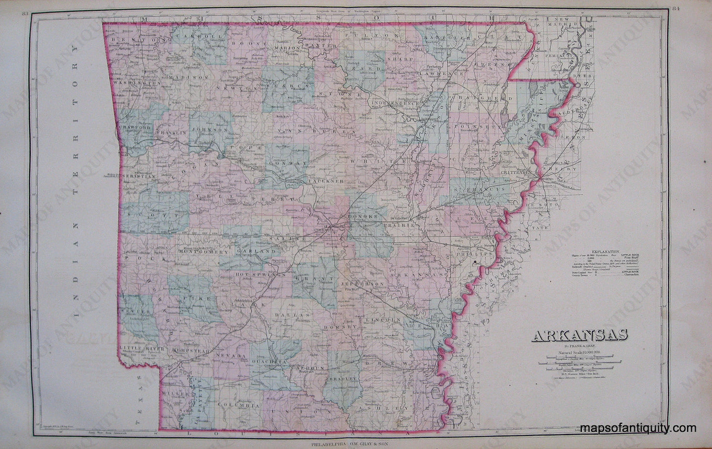 Antique-Hand-Colored-Map-Arkansas-United-States-Arkansas-1876-Gray-Maps-Of-Antiquity