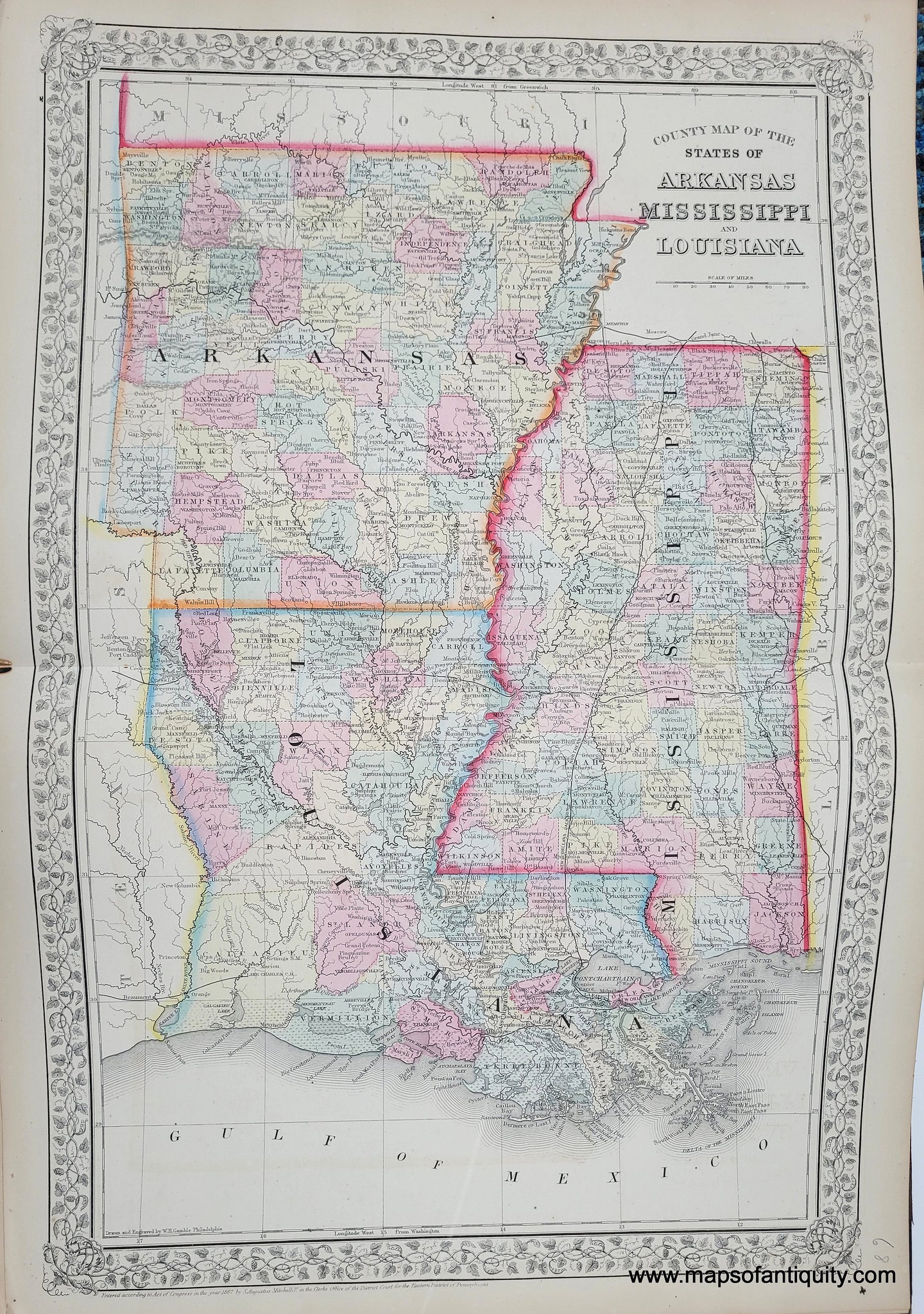 1868 - County Map of the States of Arkansas, Mississippi, and Louisiana - Antique Map