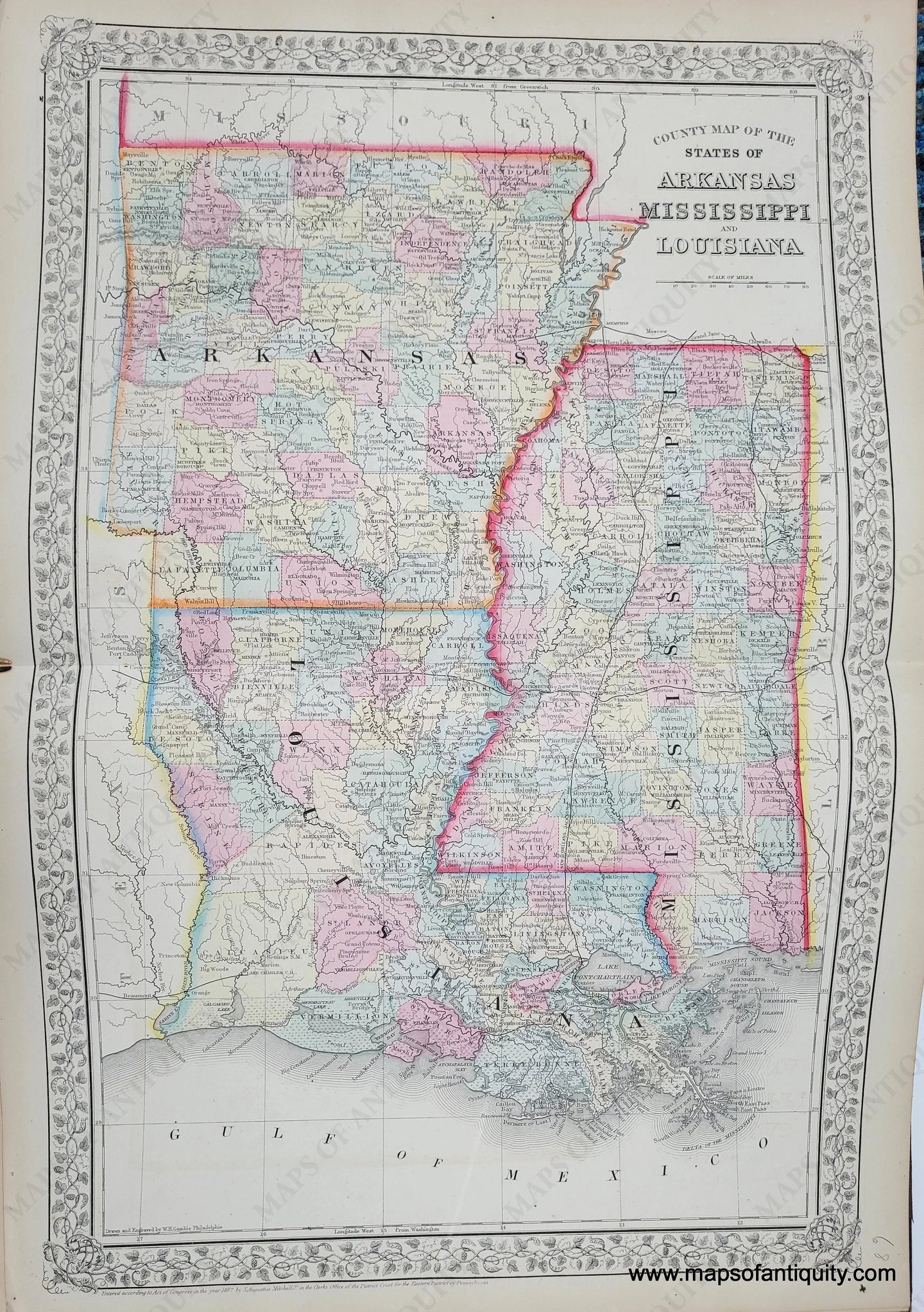 1868 - County Map Of The States Arkansas Mississippi And Louisiana Antique Genuine Hand-Colored