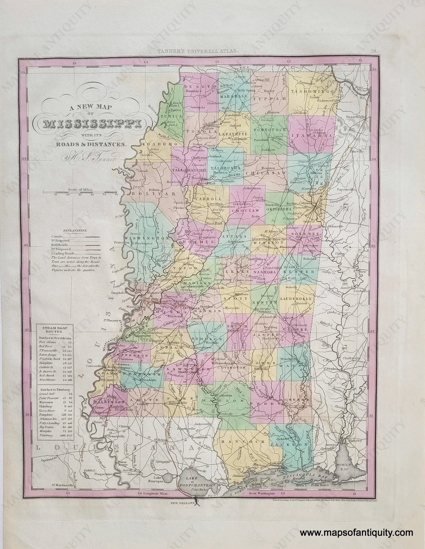 1836 - A New Map Of Mississippi With Its Roads And Distances. Antique Genuine