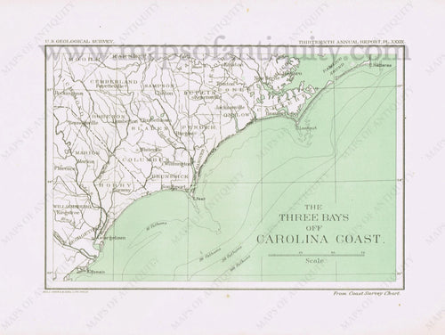 Antique-Printed-Color-Chart-The-Three-Bays-off-Carolina-Coast-******-United-States-South-1893-US-Geological-Survey-Maps-Of-Antiquity