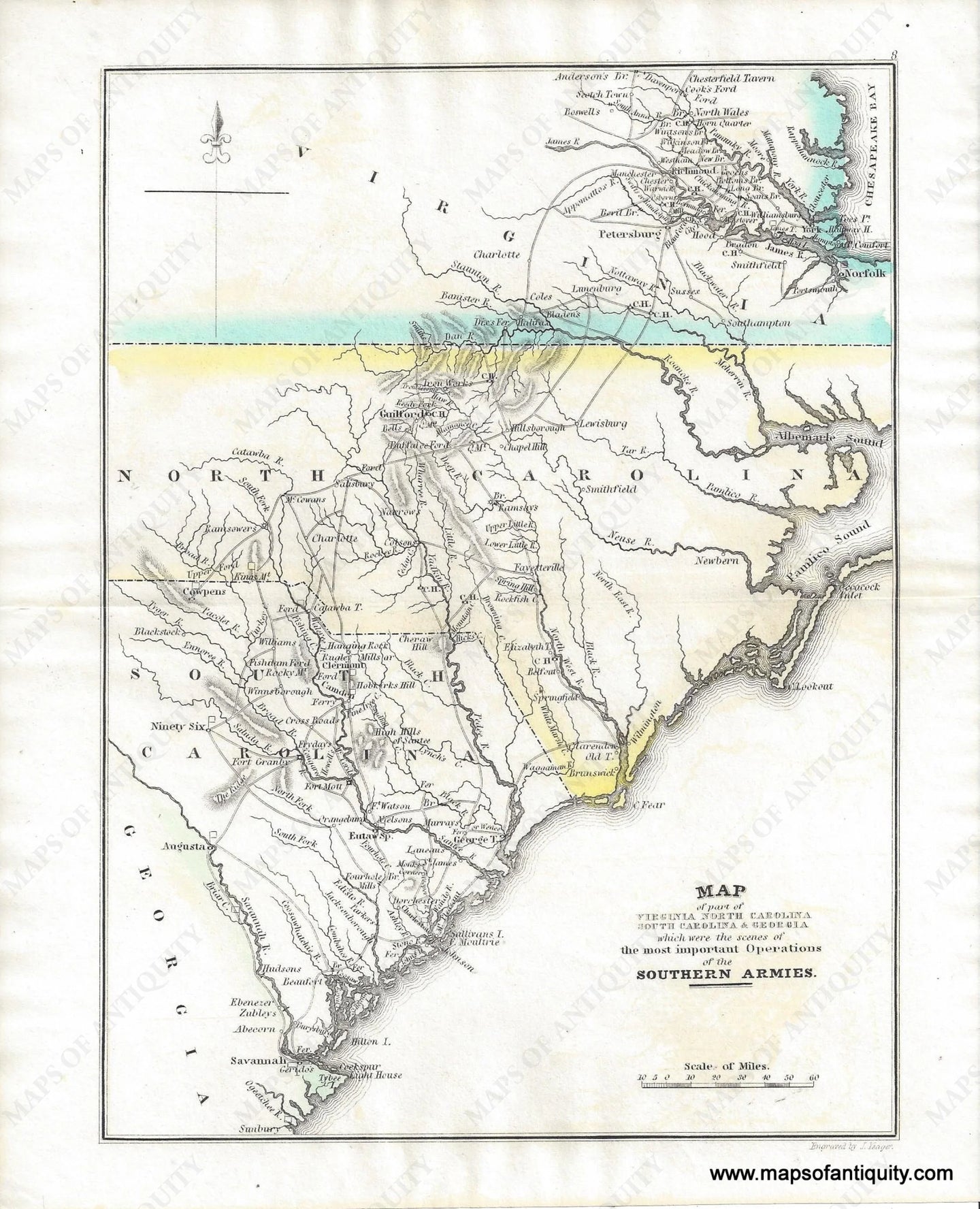 Antique-Hand-Colored-Map-Map of part of Virginia, North Carolina, South Carolina & Georgia. Which were the scenes of the Most Important Operations of the Southern Armies-1827-Marshall-Maps-Of-Antiquity-1800s-19th-century