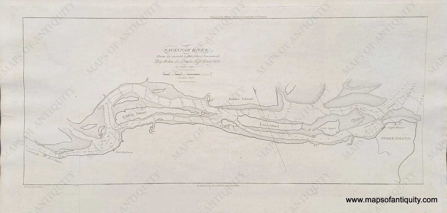 Antique-Black-and-White-Coast-Chart-Savannah-River-From-its-mouth-to-the-City-of-Savannah-Georgia-GA-United-States-South-1833-Blunt-Maps-Of-Antiquity