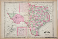 Old map of Texas with color-coded counties on paper that is toned. Antique map with original color in tones of pink, green, yellow, and orange. 
