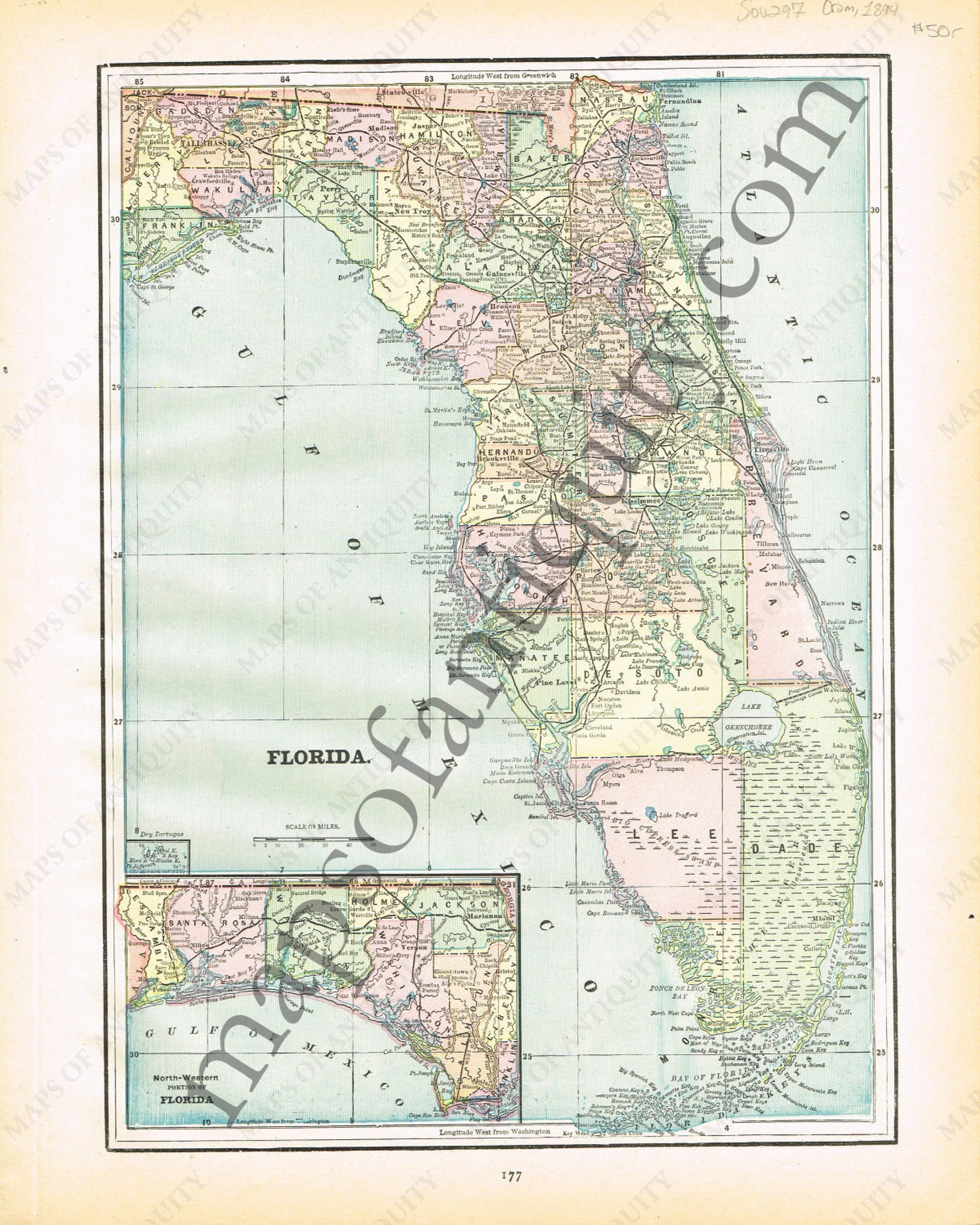 Antique-Printed-Color-Map-Florida-verso:-Alabama-**********-United-States-South-1894-Cram-Maps-Of-Antiquity