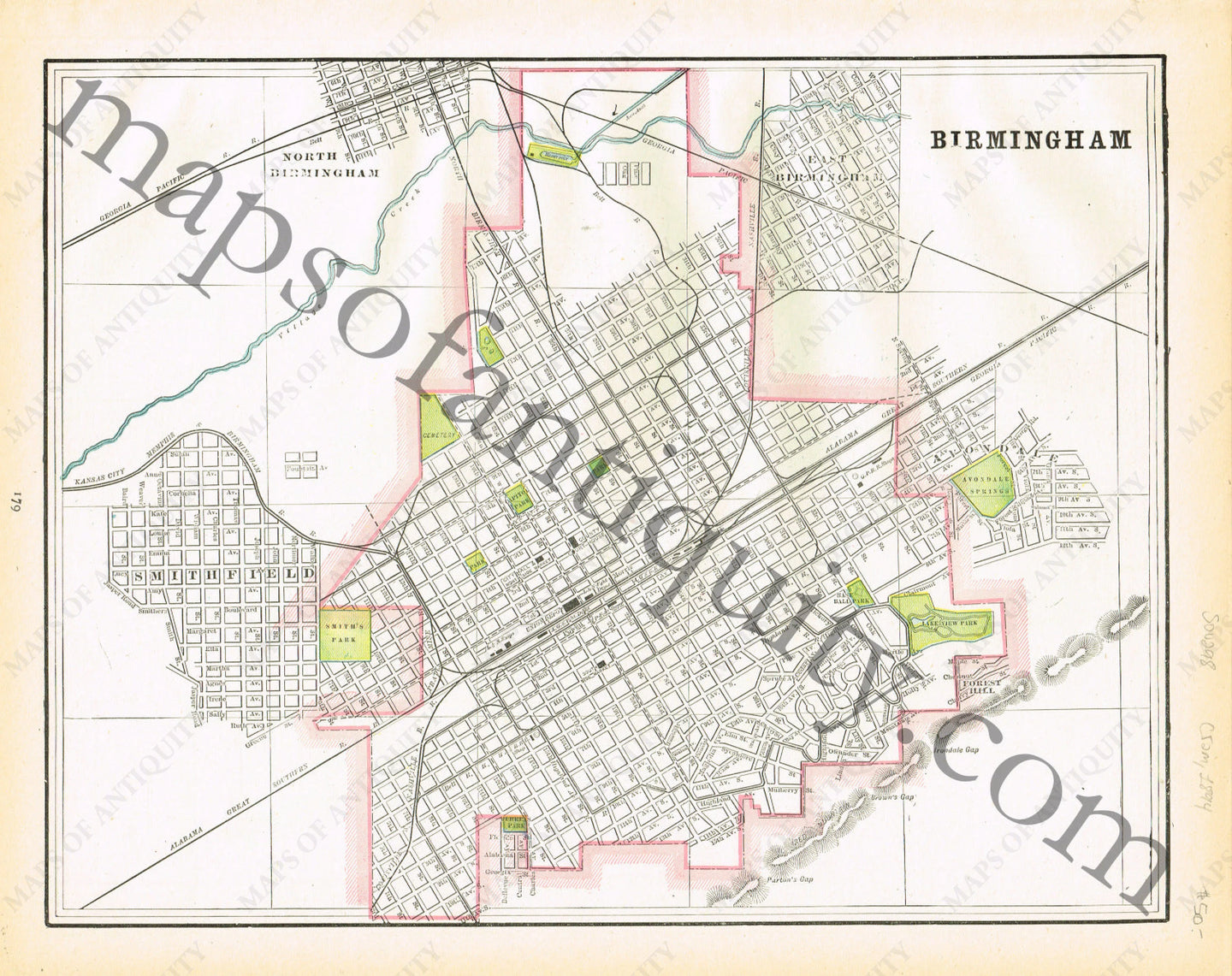 Antique-Printed-Color-Map-Birmingham-verso:-Mississippi-United-States-South-1894-Cram-Maps-Of-Antiquity