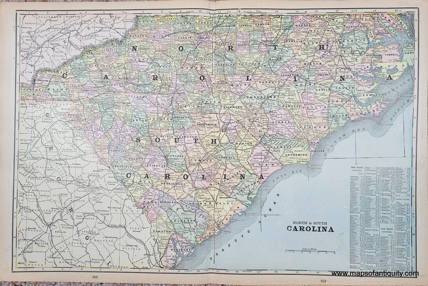 Map of North and South Carolina colored by county in colors of antique light pink, green, yellow, blue.