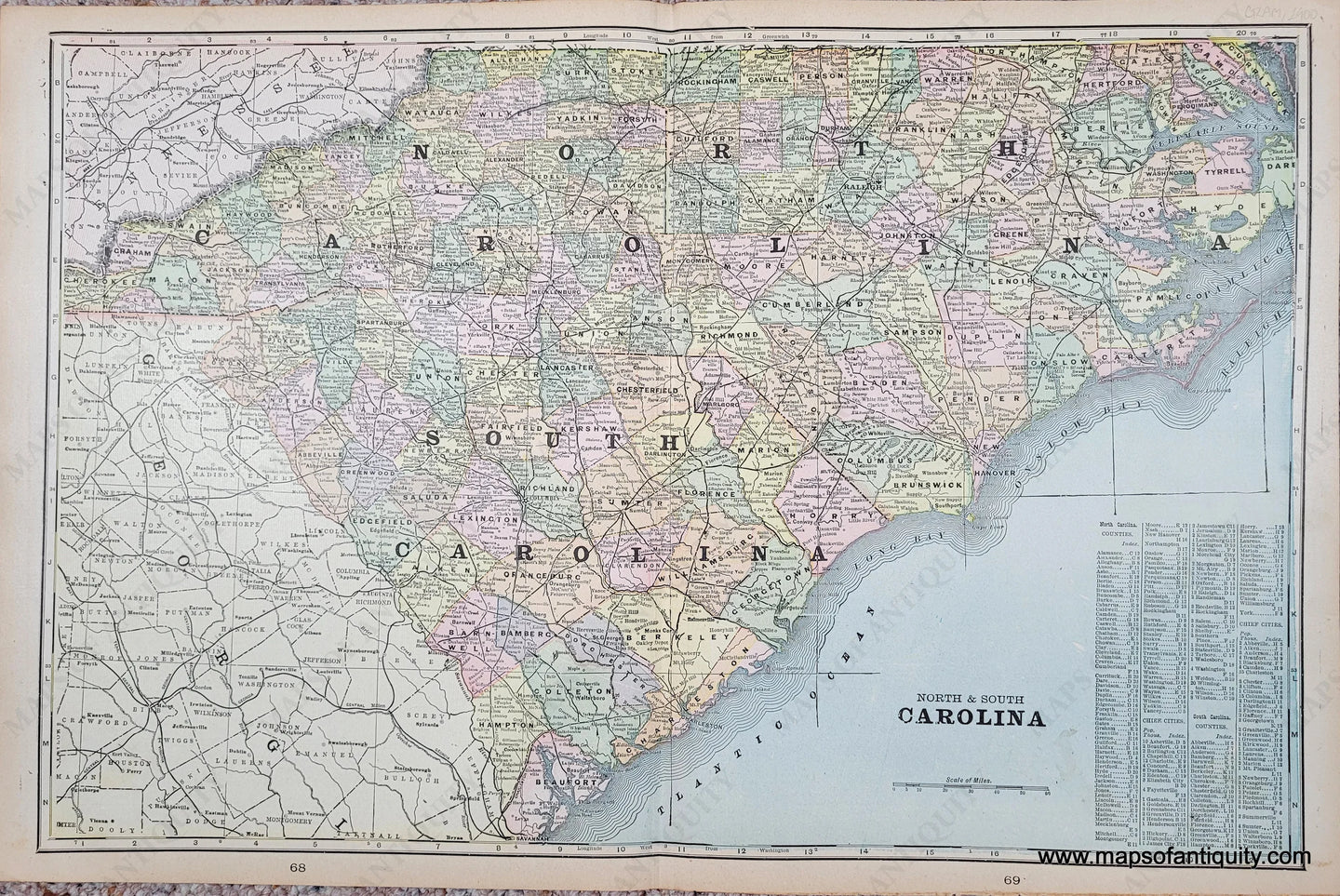 Map of North and South Carolina colored by county in colors of antique light pink, green, yellow, blue.