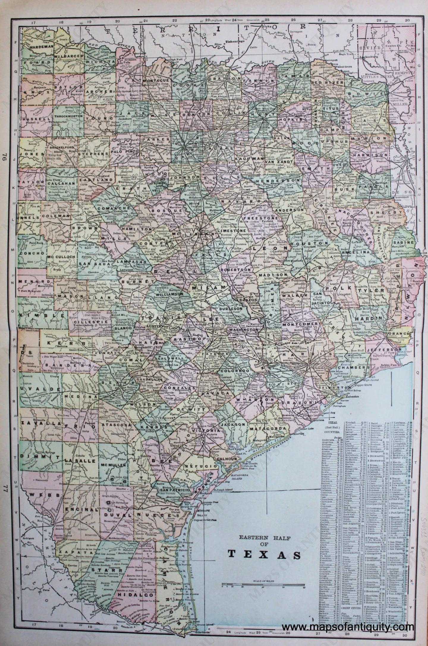 Antique-Printed-Color-Map-Eastern-Half-of-Texas-verso:-Arkansas-and-Oklahoma-and-Indian-Ters.--North-America-South-1900-Cram-Maps-Of-Antiquity