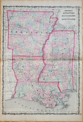 Maps-Antiquity-Antique-Map-United-States-Johnson-Ward-1861-1860s-1800s-19th-Century-Johnson's-Arkansas-Mississippi-Louisiana-Mississippi-River-Delta