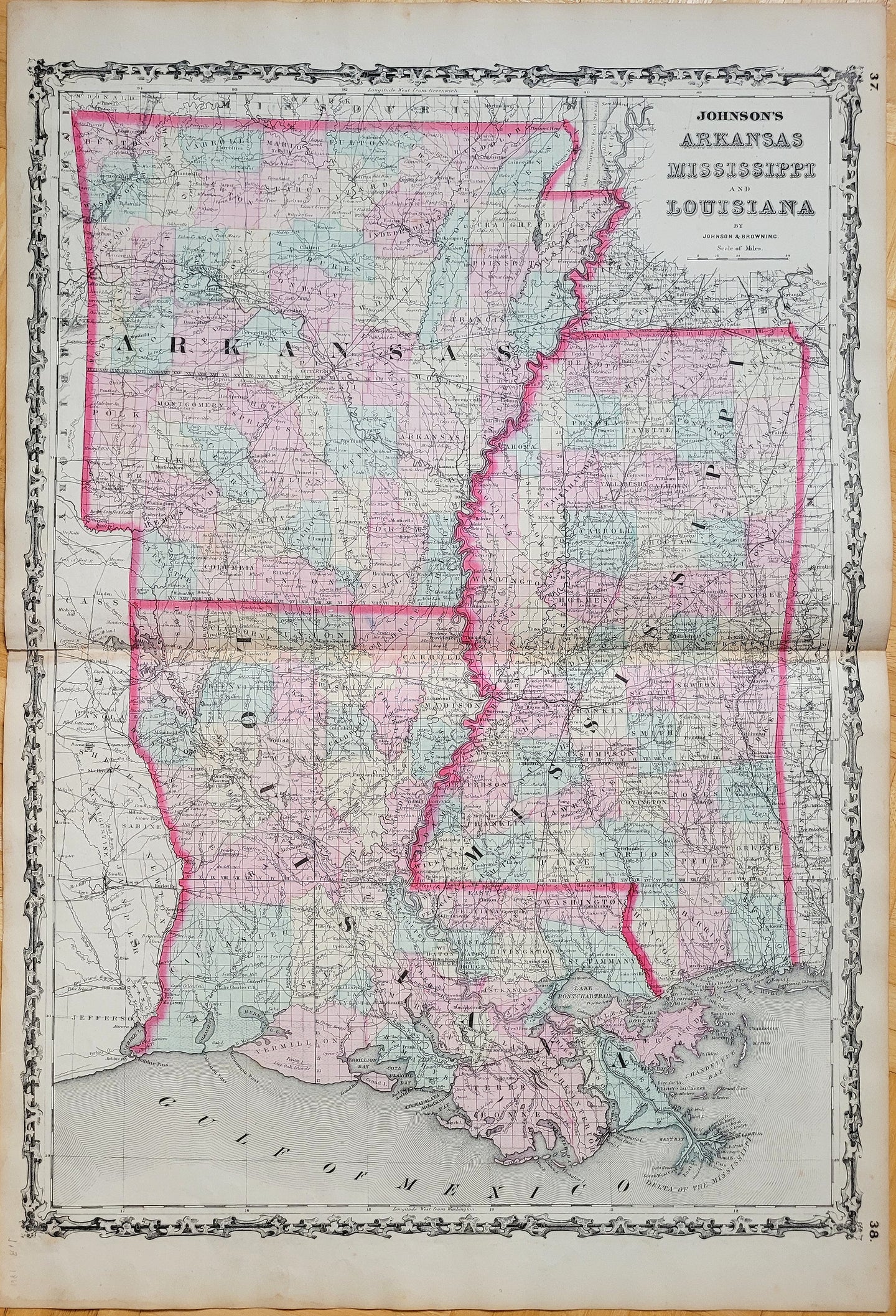 Maps-Antiquity-Antique-Map-United-States-Johnson-Ward-1861-1860s-1800s-19th-Century-Johnson's-Arkansas-Mississippi-Louisiana-Mississippi-River-Delta