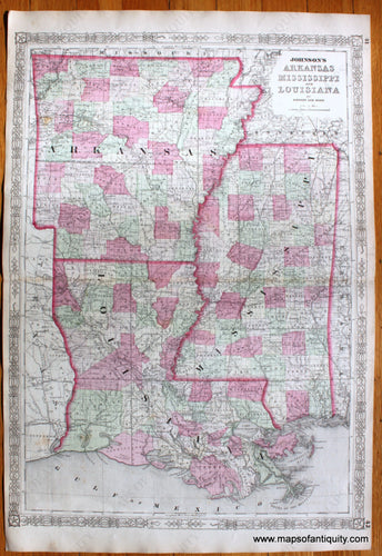 Maps-Antiquity-Antique-Map-United-States-Johnson-Ward-1864-1860s-1800s-19th-Century-Johnson's-Arkansas-Mississippi-Louisiana-Mississippi-River-Delta