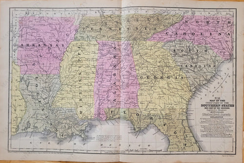 Antique-Map-United-States-Chief-Part-Southern-States-United-States-South-Arkansas-Louisiana-Mississippi-Tennessee-Alabama-Georgia-North-Carolina-South-Carolina-Florida-Mitchell-Mitchell's-School-and-Family-Geography-1851-1850s-1800s-19th-Century-Maps-of-Antiquity