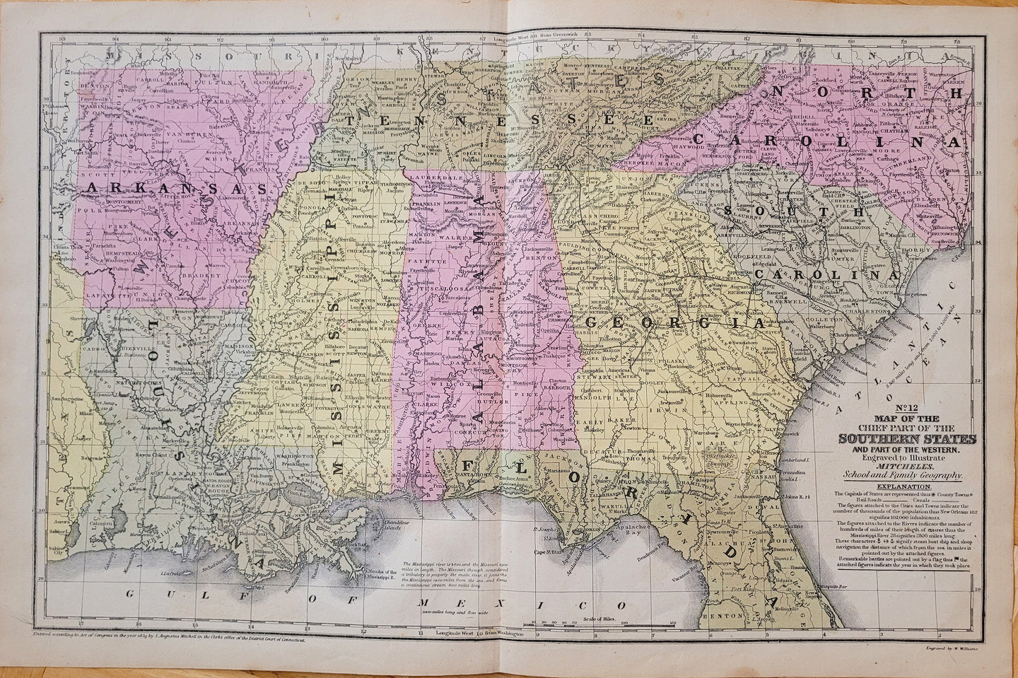 Antique-Map-United-States-Chief-Part-Southern-States-United-States-South-Arkansas-Louisiana-Mississippi-Tennessee-Alabama-Georgia-North-Carolina-South-Carolina-Florida-Mitchell-Mitchell's-School-and-Family-Geography-1851-1850s-1800s-19th-Century-Maps-of-Antiquity