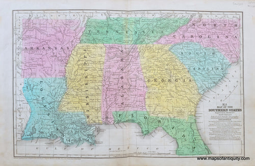Vibrant antique map of the Southern US from Florida to North Carolina to Arkansas to Louisiana. Colored by state in blue, pink, yellow, and green original antique colors.
