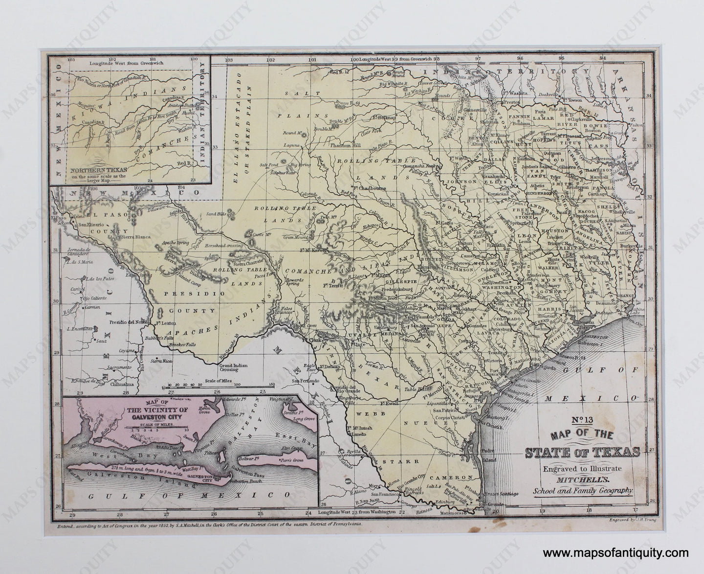 Antique-Hand-Colored-Map-No.-13-Map-of-the-State-of-Texas-TX-United-States-South-1852-Mitchell-Maps-Of-Antiquity